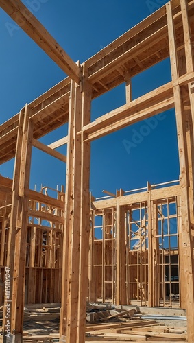 New home construction with wooden beams and bright blue sky backdrop