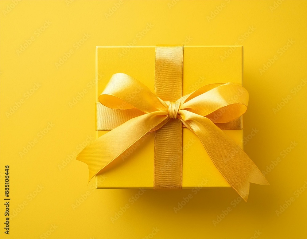 Stylish yellow gift box with ribbon and bow on vibrant yellow background, perfect for business or special occasion, top view flat lay with copy space Stylish yellow gift box with ribbon and bow on vibrant yellow background, perfect for business or special occasion, top view flat lay with copy space