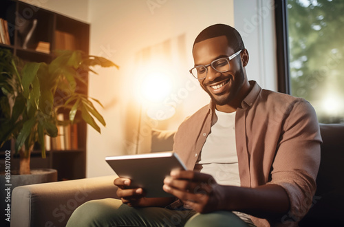 Smiling Man Sitting On A Sofa Reading A Digital Tablet In A Cozy Living Room With Warm Lighting