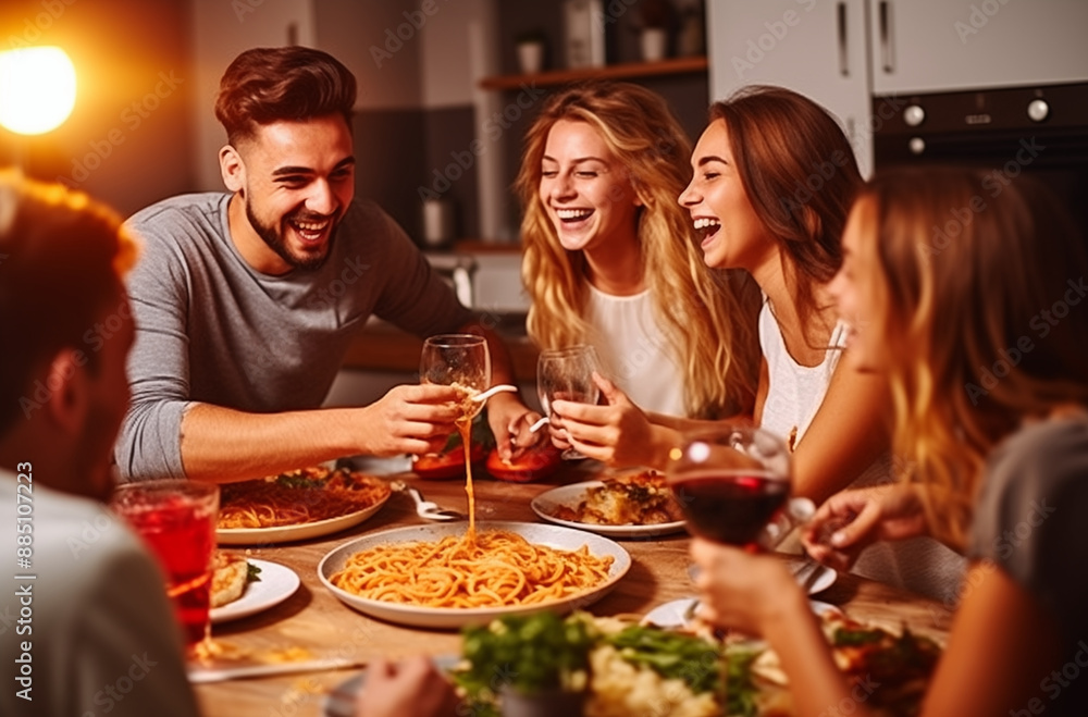 Group Of Friends Laughing And Enjoying A Delicious Dinner With Wine In A Cozy Kitchen Setting Group Of Friends Laughing And Enjoying A Delicious Dinner With Wine In A Cozy Kitchen Setting