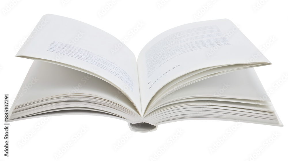 Open book with printed text on white pages, isolated on a white background. Ideal for concepts of reading, education, literature, and research Open book with printed text on white pages, isolated on a white background. Ideal for concepts of reading, education, literature, and research
