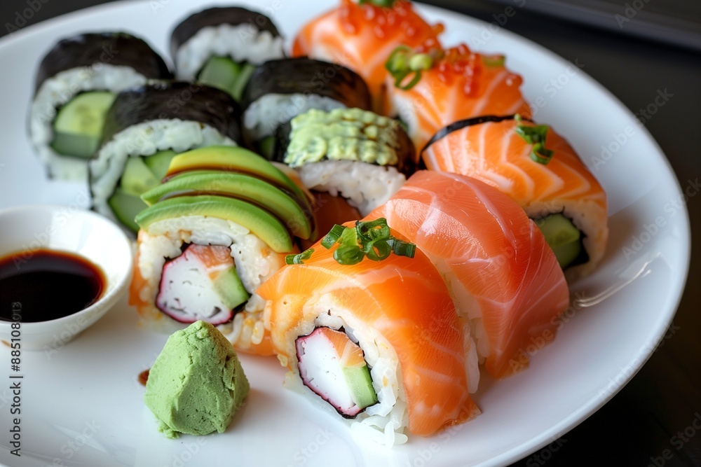 A plate of sushi rolls with vibrant colors, including salmon, avocado, and cucumber, elegantly arranged with a side of soy sauce and wasabi. A plate of sushi rolls with vibrant colors, including salmon, avocado, and cucumber, elegantly arranged with a side of soy sauce and wasabi.