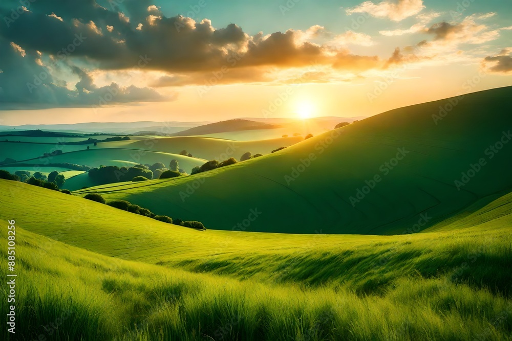 Fototapeta premium Summer nature sunrise background, a landscape with green hills and meadows, blue sky and clouds.