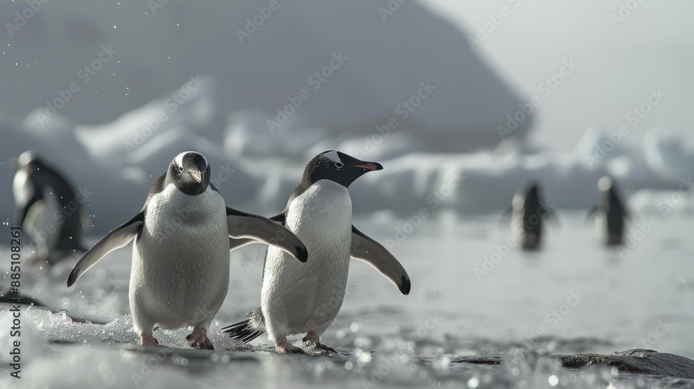 Obraz premium In the icy expanse of Antarctica, where the bitter cold seems to stretch to infinity, penguins dance and thrive, defying the harshness of their environment with their resilient spirits and unique char
