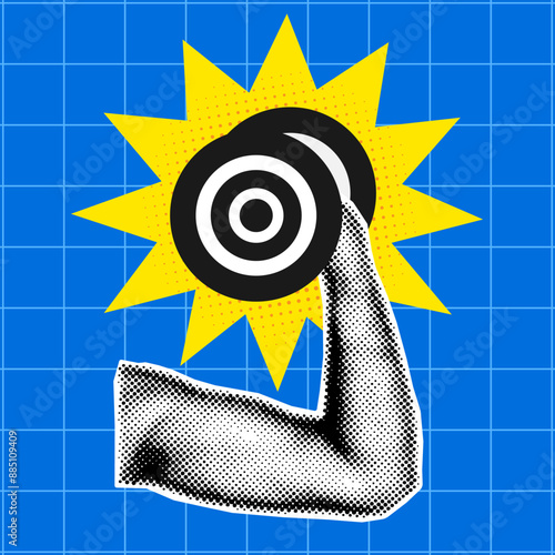 Halftone comic dotted collage with a man's hand showing strength, muscles, holding dumbbells. Pattern in retro style, groove, pop art on a blue background. Vector illustration EPS10