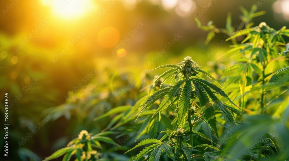 lush cannabis plantation at golden hour rows of vibrant green plants soft focus background emphasis on leaf structure and trichomes lush cannabis plantation at golden hour rows of vibrant green plants soft focus background emphasis on leaf structure and trichomes