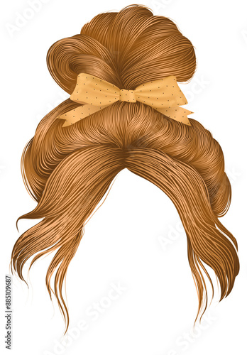 red hair bun with bow . women fashion beauty style . 