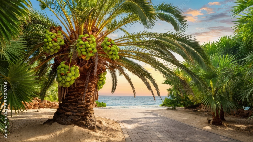Obraz premium A palm tree with green fruit on it next to a beach, AI