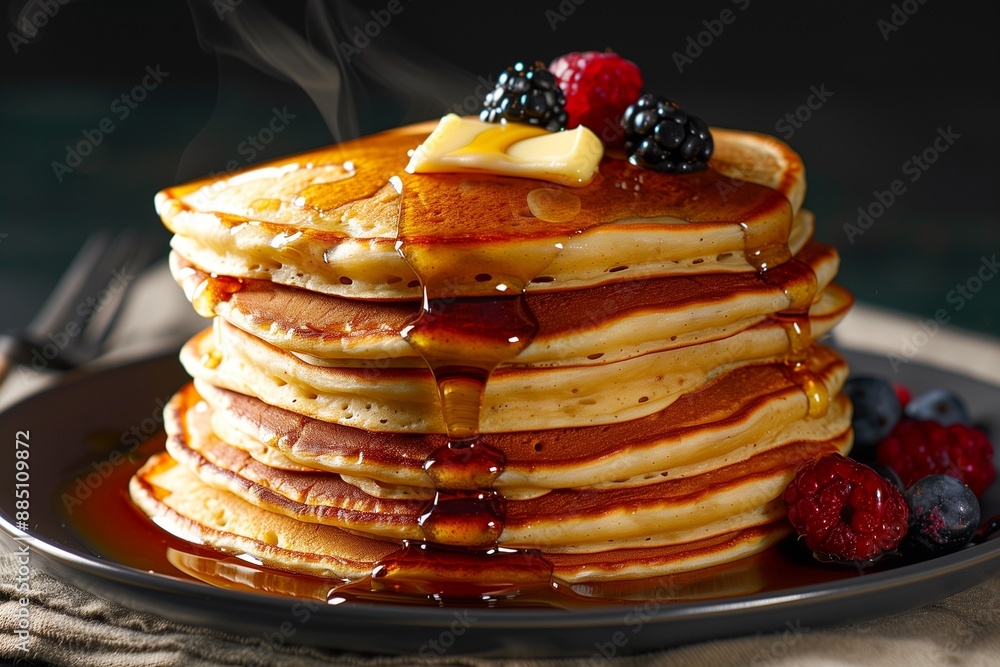 A stack of fluffy pancakes topped with a pat of melting butter, maple syrup, and a handful of fresh berries. A stack of fluffy pancakes topped with a pat of melting butter, maple syrup, and a handful of fresh berries.