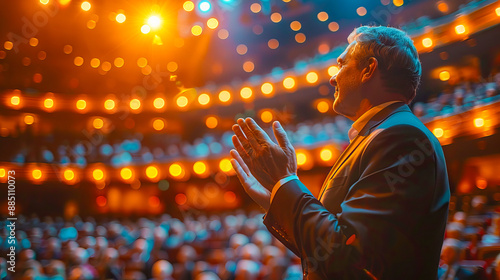 Businessman receiving standing ovation on stage at awards ceremony