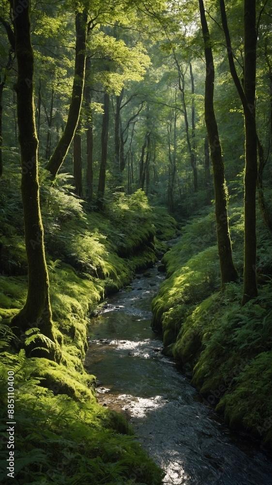 Fototapeta premium Tranquil stream winds through lush forest, sunlight filtering through canopy to dapple water, vibrant green moss that blankets banks. Towering trees stand as silent sentinels over this peaceful scene.