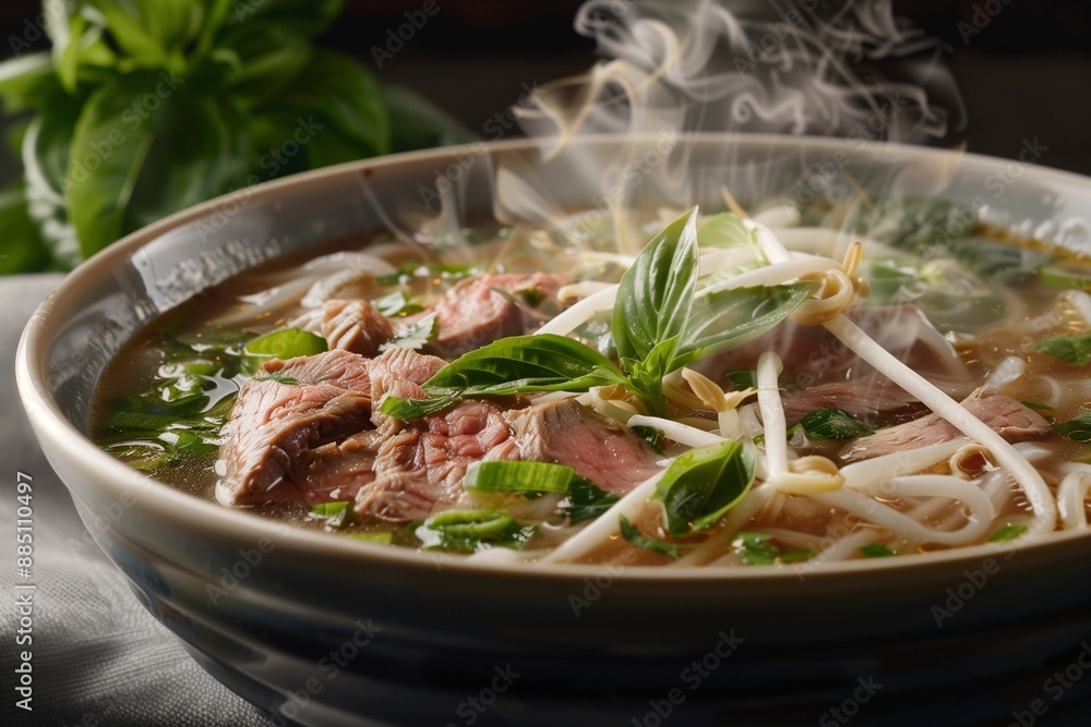 A steaming bowl of pho with thinly sliced beef, fresh herbs, and rice noodles in a rich, aromatic broth. A steaming bowl of pho with thinly sliced beef, fresh herbs, and rice noodles in a rich, aromatic broth.