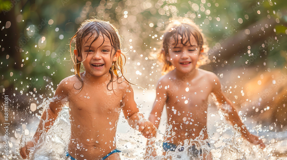 Obraz premium Two happy children running through water splashing and playing