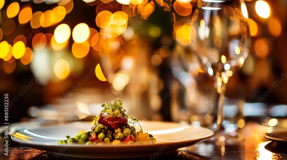A plate of food with a candle on it and a glass of wine. Scene is elegant and sophisticated. Elegant plated dish in a sophisticated restaurant setting with warm bokeh lighting in the background, A plate of food with a candle on it and a glass of wine. Scene is elegant and sophisticated. Elegant plated dish in a sophisticated restaurant setting with warm bokeh lighting in the background,