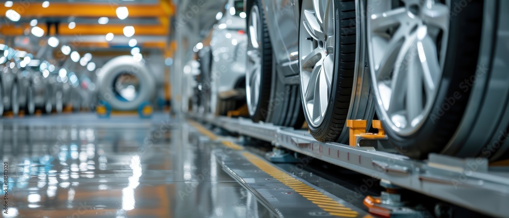 Fototapeta premium Quality Control of Car Wheels in Factory - Final Inspection for Delivery