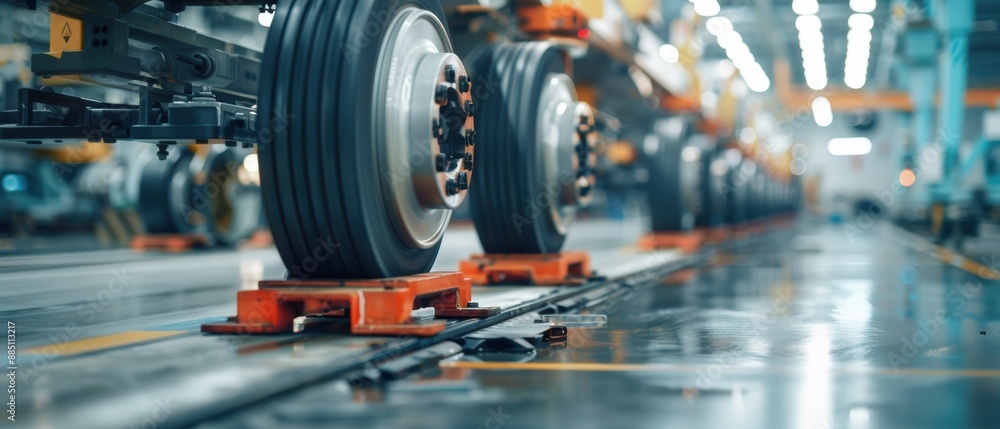 Obraz premium Automotive Industry Conveyor System: Transfer of Car Wheels in Production Line