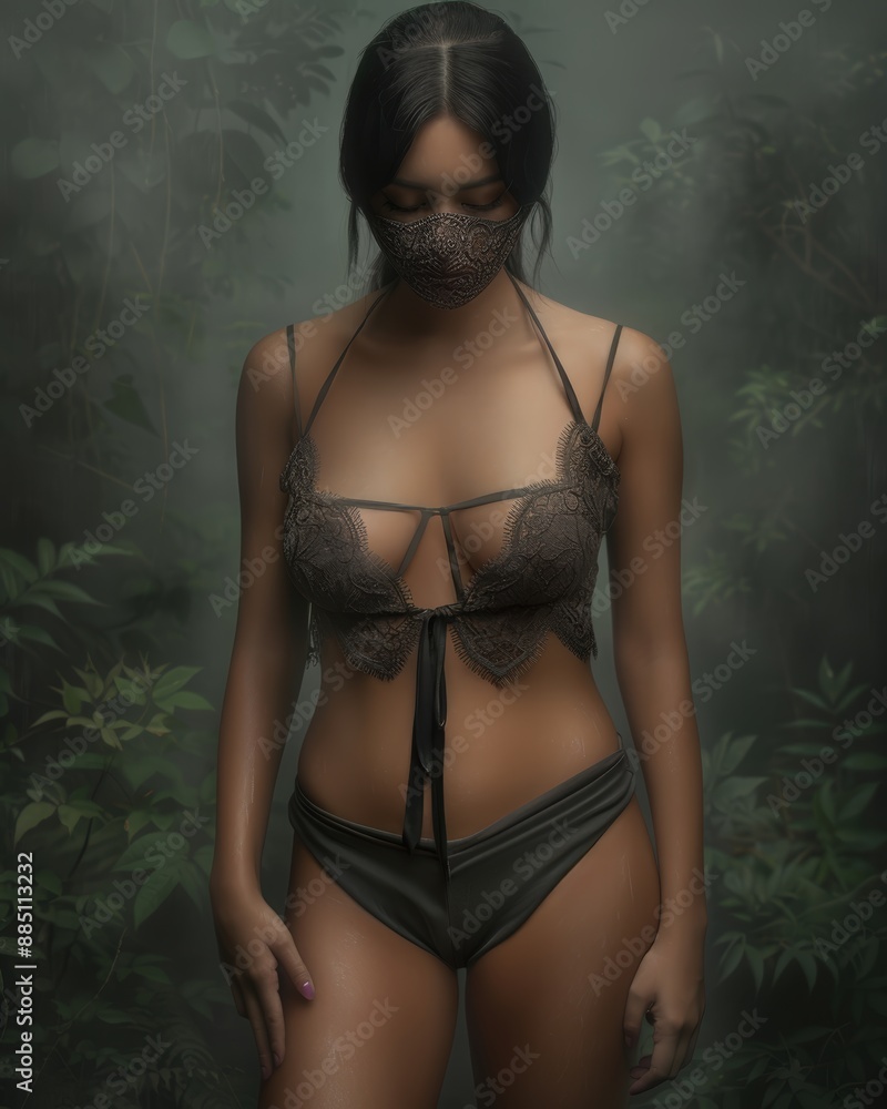 Obraz premium Mystical Gothic Portrait Enigmatic Woman in Ornate Mask and Intricate Jewelry Captivating Eyes and Braided Hair Amidst a Foggy Forested Background Evoking Dark Fantasy and Ethereal Beauty Brainstormin