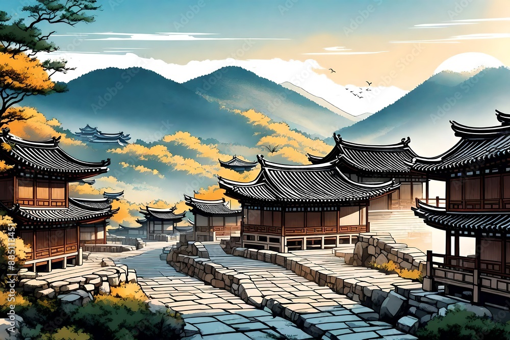 Obraz premium Beautiful Korea, nature landscape with sunrise and hanok, ink painting, Korean traditional painting vector.