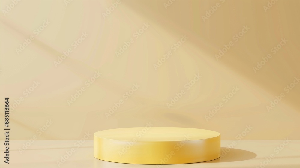 A circular yellow platform sits on a beige surface, with sunlight streaming in from the top left of the frame, casting shadows on the wall A circular yellow platform sits on a beige surface, with sunlight streaming in from the top left of the frame, casting shadows on the wall