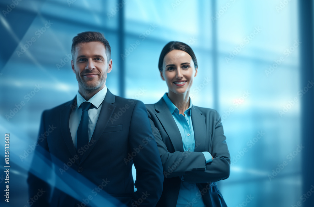 Two business professionals in formal attire, standing confidently with arms crossed, smiling in a modern office environment Two business professionals in formal attire, standing confidently with arms crossed, smiling in a modern office environment