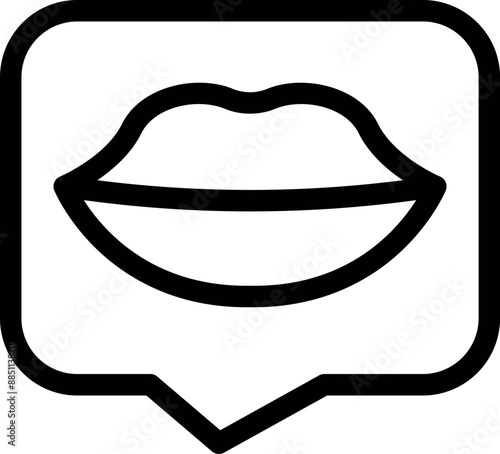 Simple icon of a speech bubble containing a pair of lips, perfect for representing conversations about love, gossip, or beauty