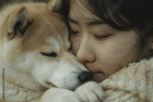 An Asian woman playing with her dog, capturing a precious moment of friendship and love.