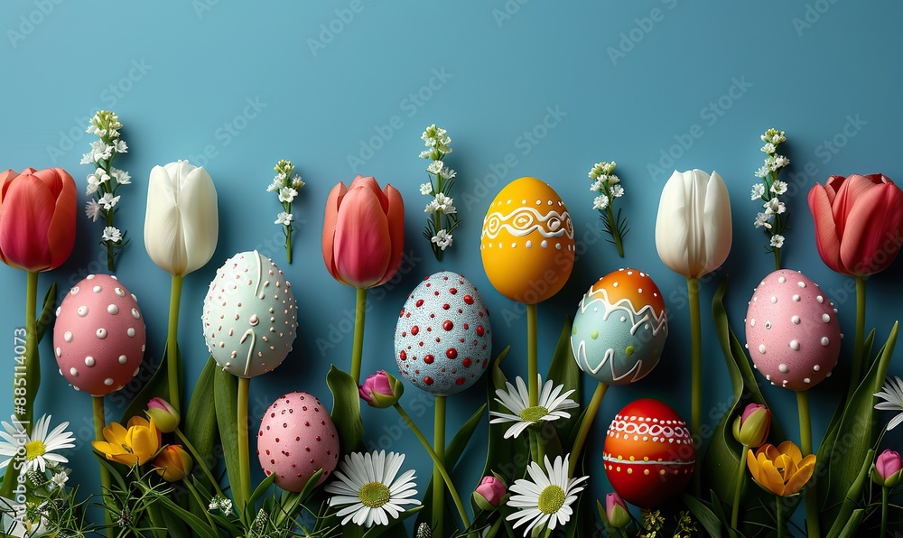 happy easter greeting card template flat lay easter bunnies colorful eggs white tulips on pastel blue table happy easter greeting card template flat lay easter bunnies colorful eggs white tulips on pastel blue table
