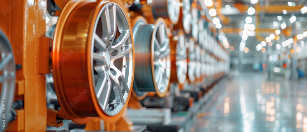 Manufacturing Process of Car Wheels: Rows of Wheels in Different Stages of Production at a Factory Manufacturing Process of Car Wheels: Rows of Wheels in Different Stages of Production at a Factory