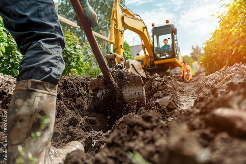 Close-up shot of a bulldozer's tracks and blade, covered in dirt and debris. Beautiful simple AI generated image in 4K, unique. photo