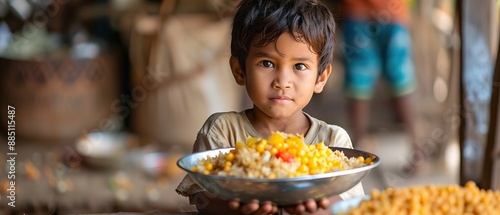 A young boy with a bowl full of food 