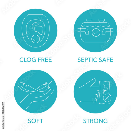 Toilet paper features icons - Soft, Strong, Clog-free, Septic-safe