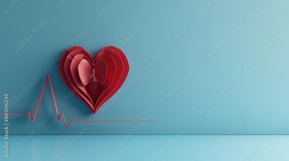Paper cut art of a heart with a heartbeat line on a clean blue background, representing healthcare and cardiac check-ups. Paper cut art of a heart with a heartbeat line on a clean blue background, representing healthcare and cardiac check-ups.