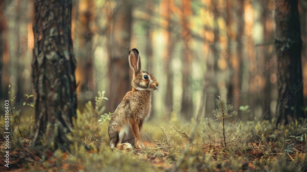 A rabbit is standing in a forest, looking at the camera A rabbit is standing in a forest, looking at the camera