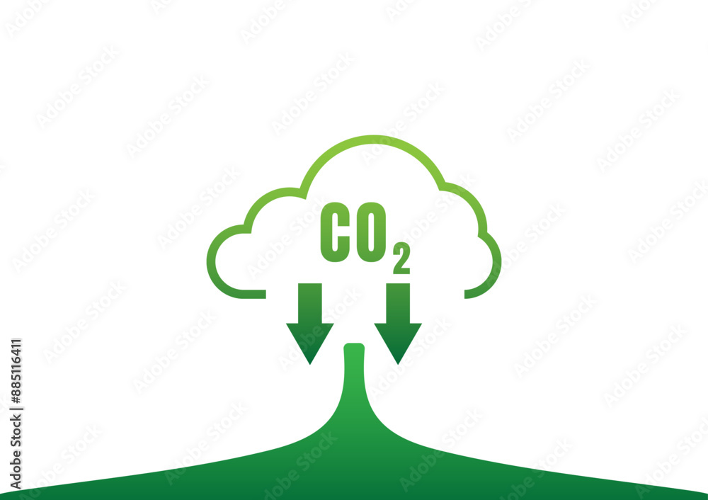 Carbon Dioxide Reduction Concept. Green clouds and the CO2 symbol, down arrow on white background. Carbon Dioxide Reduction Concept. Green clouds and the CO2 symbol, down arrow on white background.