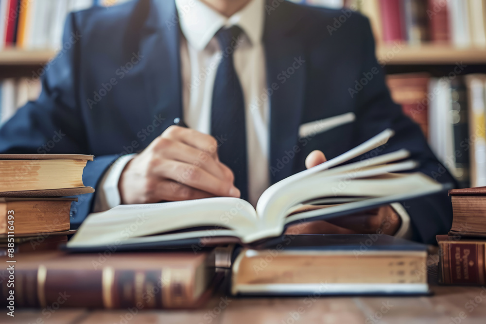 Man in a suit studying books in an office. Concentration and dedication to work Man in a suit studying books in an office. Concentration and dedication to work