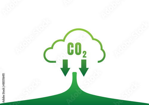 Carbon Dioxide Reduction Concept. Green clouds and the CO2 symbol, down arrow on white background.