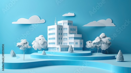 Wallpaper Mural Paper cut art of a hospital building on a clean blue background, representing healthcare facilities. Torontodigital.ca