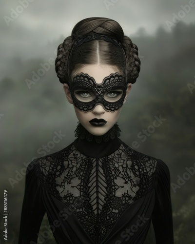 Mystical Gothic Portrait Enigmatic Woman in Ornate Mask and Intricate Jewelry Captivating Eyes and Braided Hair Amidst a Foggy Forested Background Evoking Dark Fantasy and Ethereal Beauty Brainstormin photo