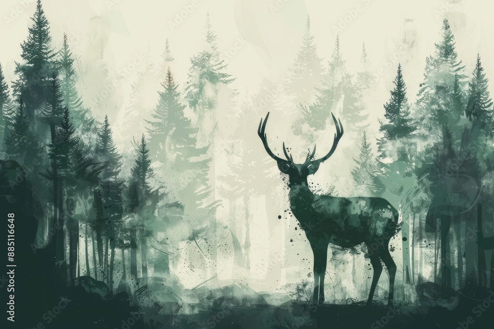 monochrome flat illustration of a deer in the forest in shades of green with a minimalist design. Simple geometric shapes that precisely define the deer's silhouette. monochrome flat illustration of a deer in the forest in shades of green with a minimalist design. Simple geometric shapes that precisely define the deer's silhouette.