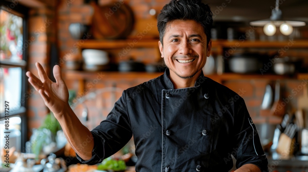 Fototapeta premium Smiling chef in a modern kitchen, dressed in black uniform, gesturing and ready to create a delicious meal. Cooking and culinary arts enthusiast.