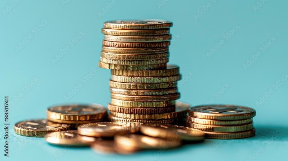 Stack of gold coins on a blue background. The coins are piled on top of each other, creating a sense of height and importance. The image conveys a feeling of wealth and prosperity Stack of gold coins on a blue background. The coins are piled on top of each other, creating a sense of height and importance. The image conveys a feeling of wealth and prosperity