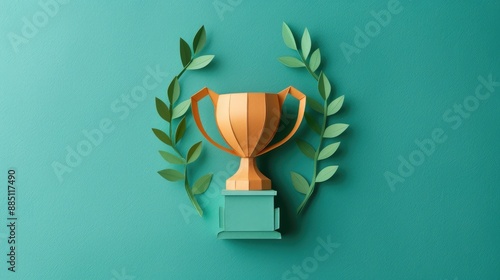 Paper trophy is placed on a green background with leaves