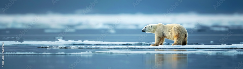 Polar bear on a melting ice floe, highlighting the effects of global warming Polar bear on a melting ice floe, highlighting the effects of global warming