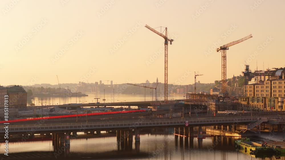 Sunset aerial view of long term construction site at Slussen, Stockholm Sunset aerial view of long term construction site at Slussen, Stockholm