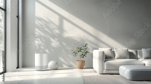 The living room has a white interior with an air purifier in the middle. photo