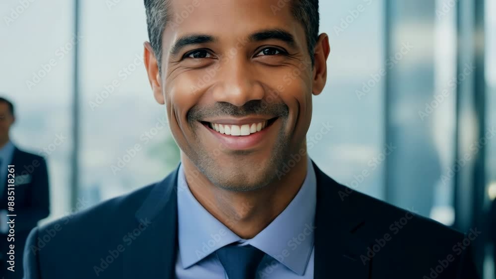 Confident businessman smiling in a modern office setting Confident businessman smiling in a modern office setting