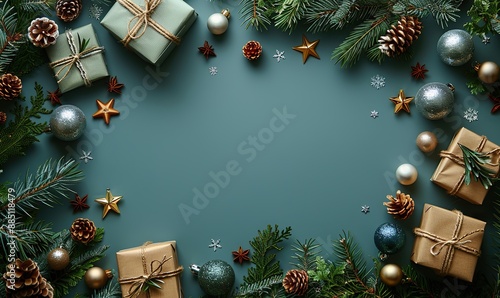 christmas frame top border made of fir tree branches gift boxes silver blue stars balls over blue background flat lay top view xmas banner mockup