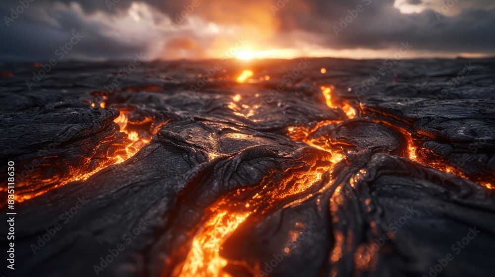 Fototapeta premium Lava streams flow across the landscape, creating a dramatic and stunning scene at sunset, with glowing lava against the dark terrain, showcasing nature's immense power.