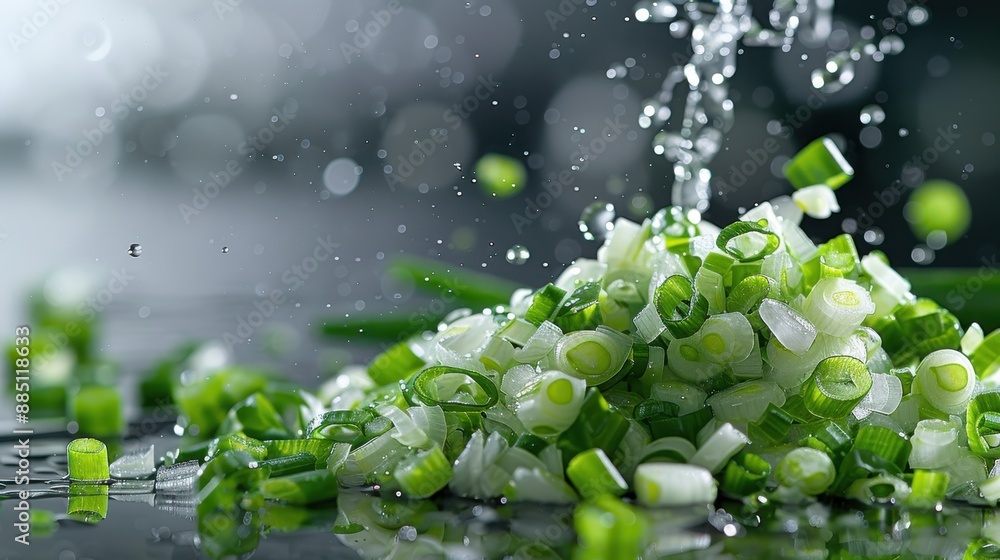 This image captures freshly chopped green onions with droplets of water falling on them, highlighting their freshness and vibrant green color in high detail. This image captures freshly chopped green onions with droplets of water falling on them, highlighting their freshness and vibrant green color in high detail.