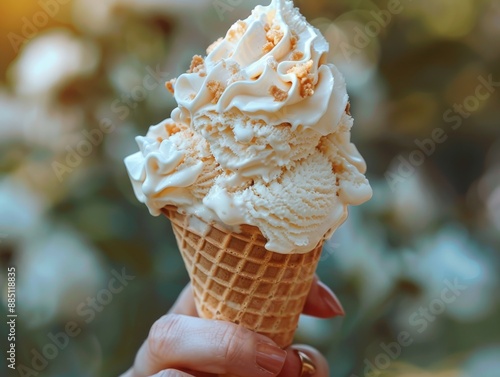 extreme close up photo. woman's hand holding a vanilla ice cream cone during the day on a blurred background photo